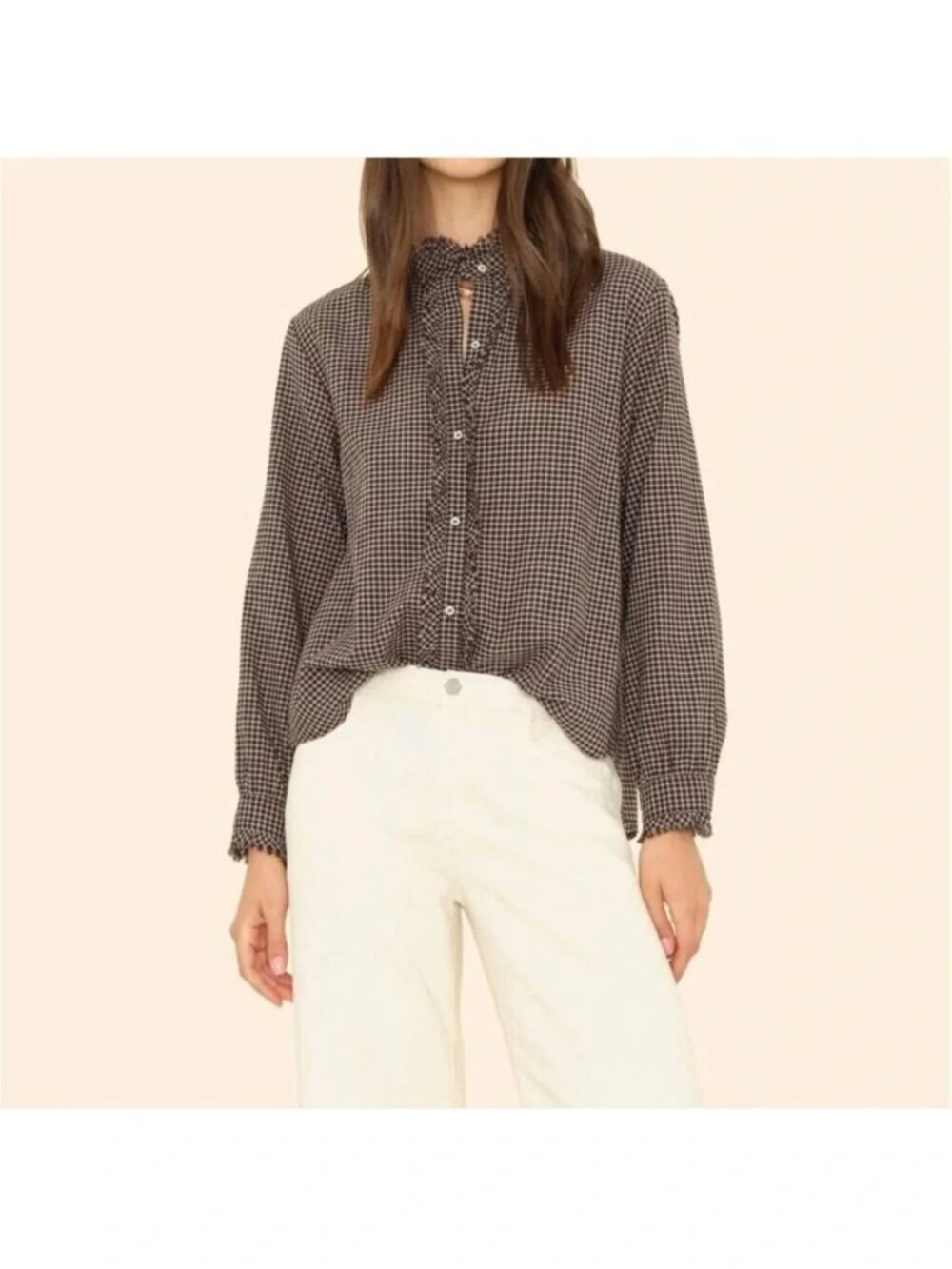 Cottage Coastal Boho Preppy XiRENA Amelie Button Down Blouse Brown Plaid Large